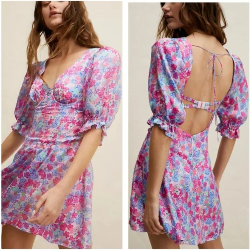 For Love & Lemons Angie Mini‎ Dress Womens L Blue Pink Floral Corset Puff Sleeve